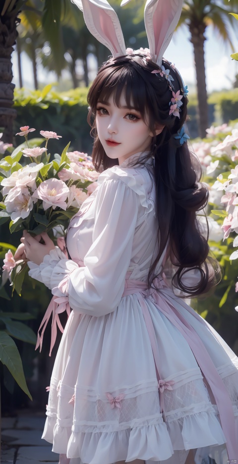 blue butterfly,pink butterfly,butterfly,full body,rabbit ears
 ,1 girl, solo, long hair, looking at viewer, flowers, leaves, reality, lolita fashion,