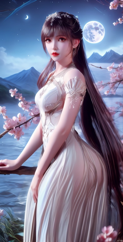  long skirt,
,1girl, solo, long hair, black hair, hair ornament, dress, jewelry, upper body, flower, sky, water, white dress, petals, night, moon, night sky, mountain, branch