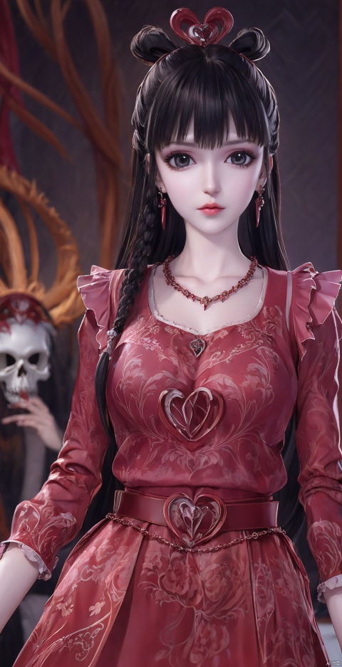1girl, solo, long hair, looking at viewer, black hair, hair ornament, red eyes, long sleeves, dress, holding, jewelry, upper body, earrings, necklace, blurry, blurry background, facial mark, chinese clothes, red dress, veil, skull, forehead mark, red lips, holding skull,blood on face,horror (theme),skull on head,skull collar,skull belt,full body,blood drip