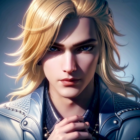  masterpiece,best quality,illustration,anime,simple background,white background,portrait,upper body,1boy,(mature males:1.2),blonde hair,solo,blue eyes,male focus,long hair,looking at viewer,jacket,long sleeves,lips,bluejacket,,,