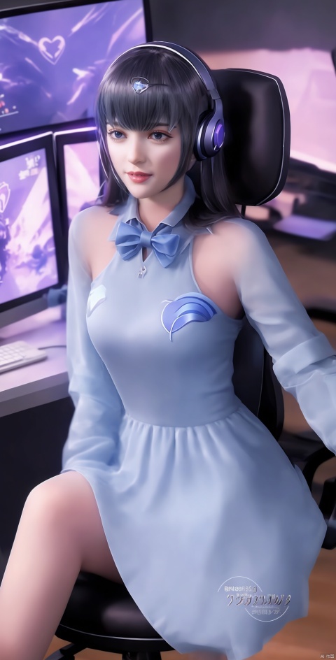 short dress,long legs,i heart...,Headphones, sitting in front of the computer, eSports girl, 1 girl, keep your mouth shut,:), charming smile, bow tie, long hair, game chair, headphones,