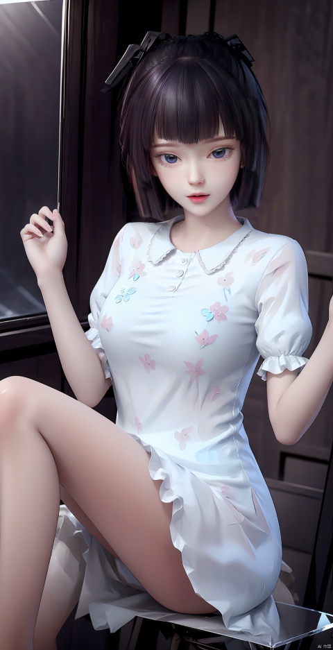 sitting, dress, chinese_clothes, long_sleeves, looking_at_viewer, (8k, RAW photo, best_quality),(highly_detailed),(masterpiece:1.2),(ultra-detailed),(extremely_detailed_cg_8k_wallpaper),(realistic:1.2),(photorealistic:1.3),(school, classroom, chalkboard, potted_plant, flower_pot, day),1girl, solo, black_hair, short_hair, hair_ornament, blunt_bangs, eyeshadow, eyelashes, jewelry, earrings, makeup, cleavage, shirt, short_sleeves, white_legwear,fingernails,nail_polish,medium_shot,(crystal_texture_skin:1.3),(shiny_skin:1.4),(an_extremely_delicate_and_beautiful),,