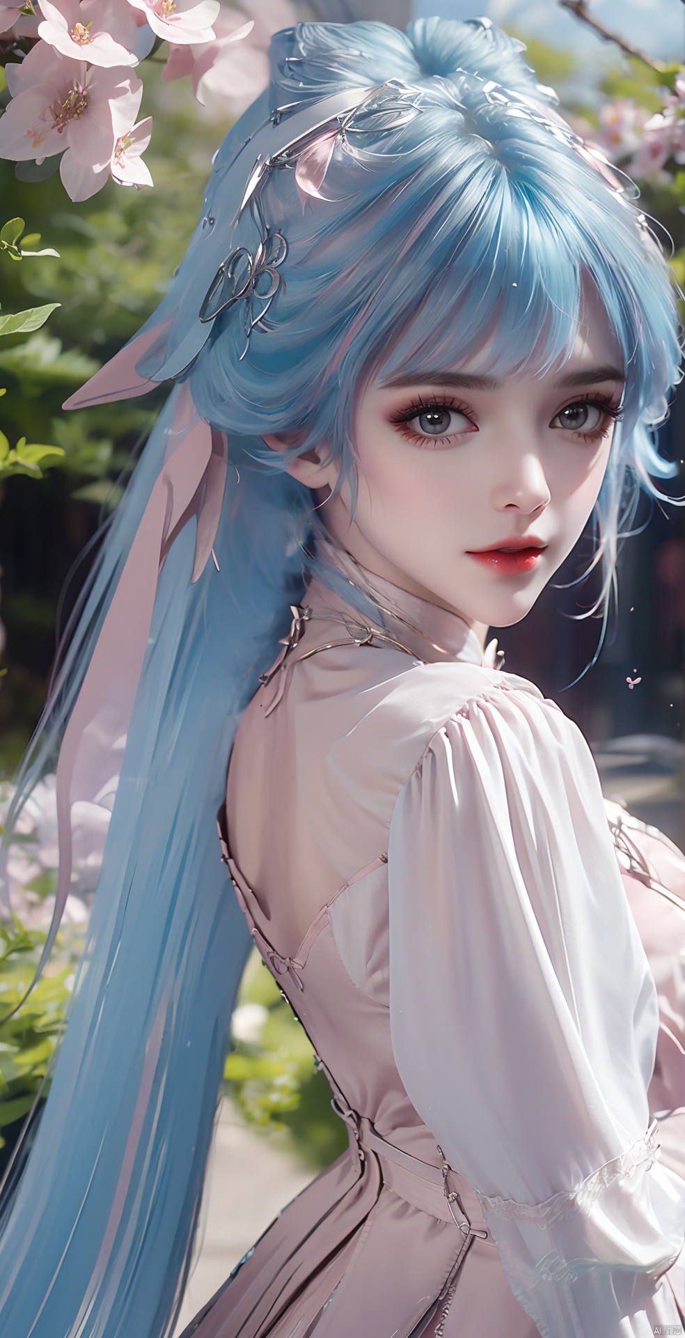 blue hair,pink hair,blue butterfly,pink butterfly
 ,1 girl, solo, long hair, looking at viewer, flowers, leaves, reality, lolita fashion,