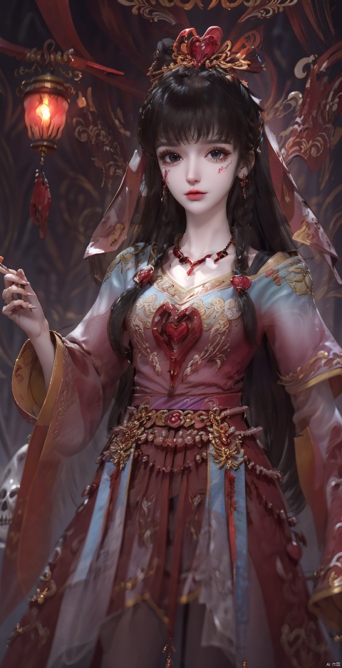  1girl, solo, long hair, looking at viewer, black hair, hair ornament, red eyes, long sleeves, dress, holding, jewelry, upper body, earrings, necklace, blurry, blurry background, facial mark, chinese clothes, red dress, veil, skull, forehead mark, red lips, holding skull,blood on face,horror (theme),skull on head,skull collar,skull belt,full body,blood drip