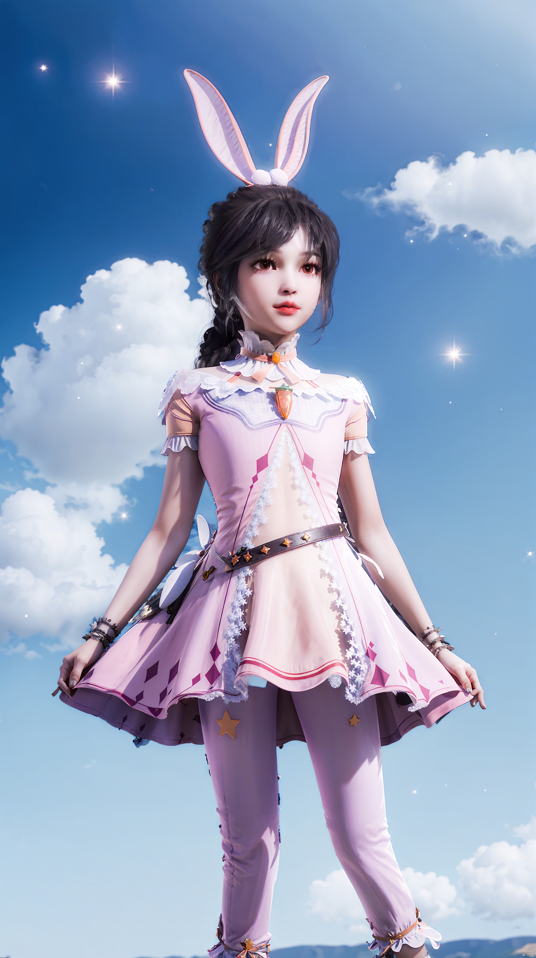  Conservative conservative long skirt
, rabbit ears,Blue sky and white cloud background, black hair, a little star surrounded by, standing, long legs, clothes studded with sparkling broken diamonds, floating love around