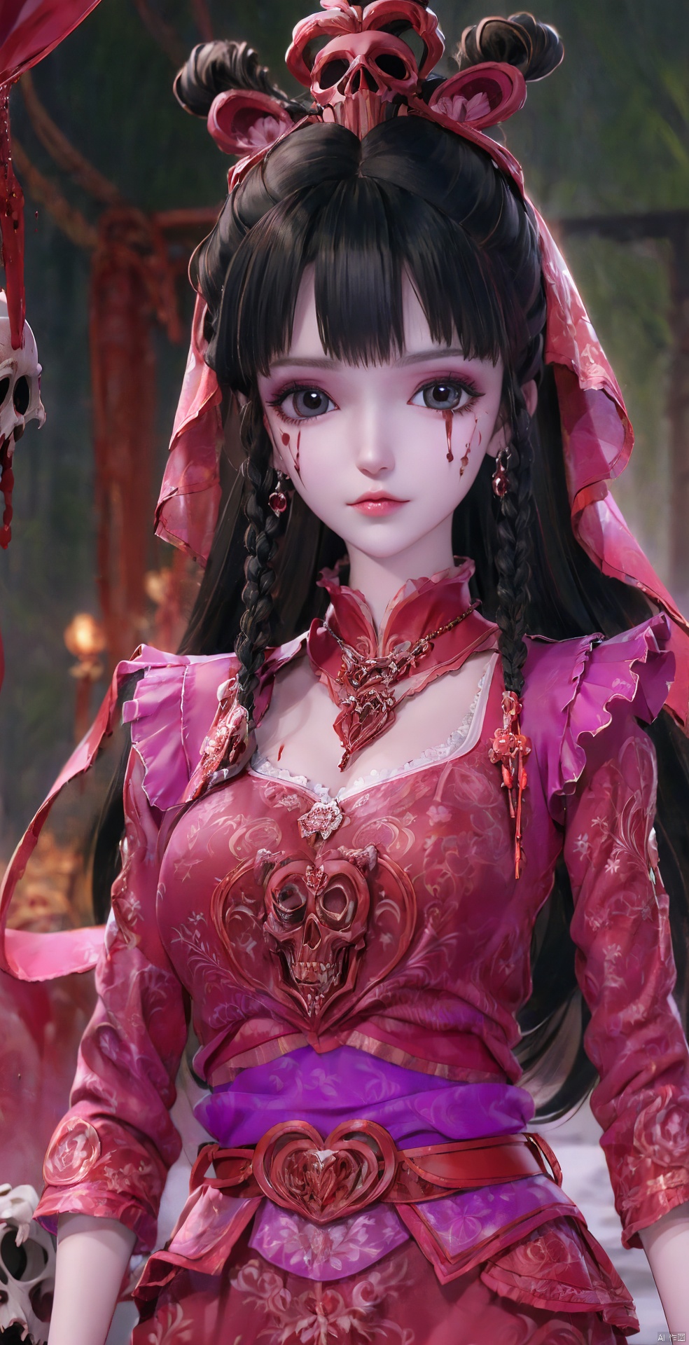 1girl, solo, long hair, looking at viewer, black hair, hair ornament, red eyes, long sleeves, dress, holding, jewelry, upper body, earrings, necklace, blurry, blurry background, facial mark, chinese clothes, red dress, veil, skull, forehead mark, red lips, holding skull,blood on face,horror (theme),skull on head,skull collar,skull belt,full body,blood drip