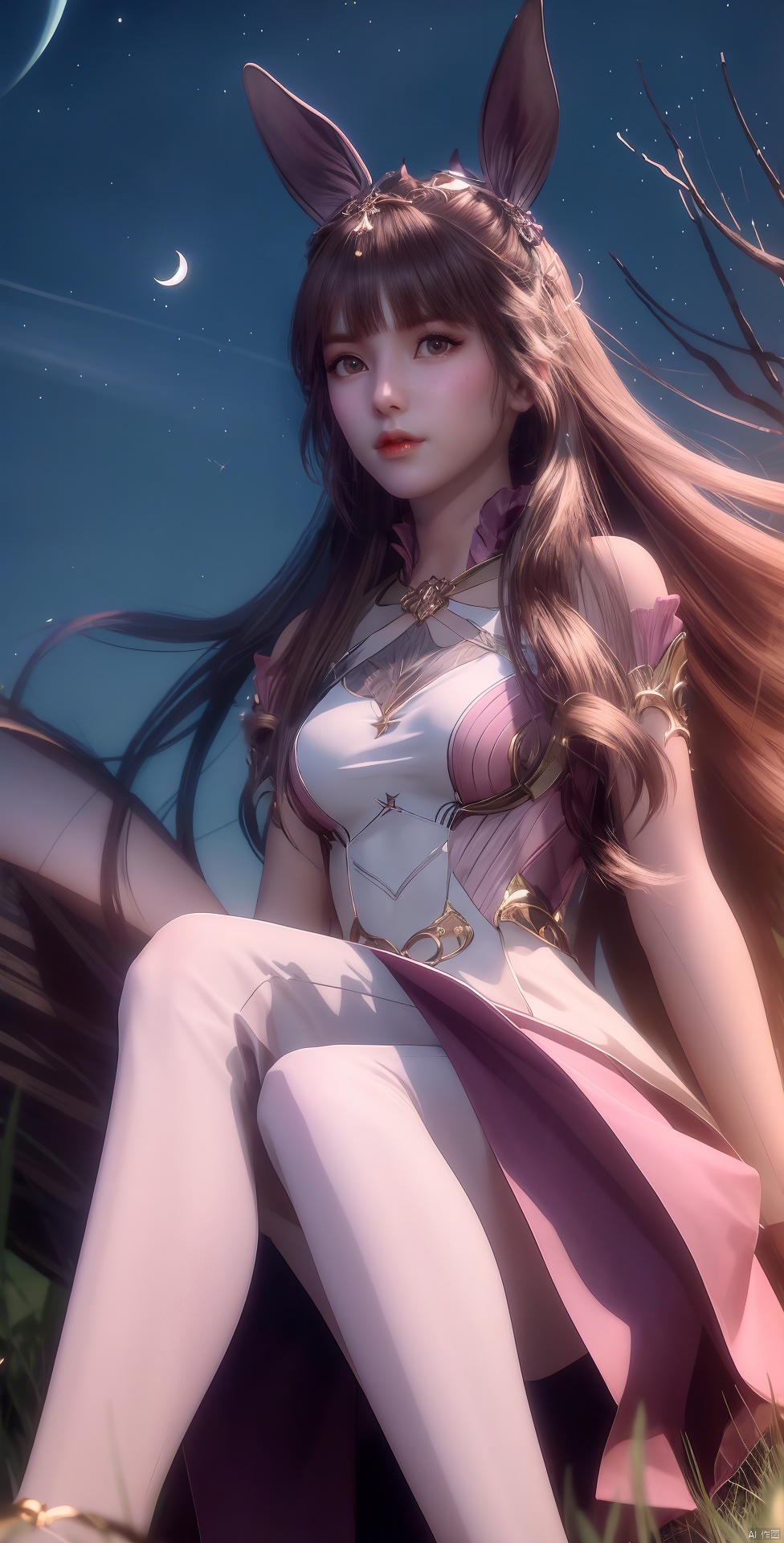  1girl, solo, long hair, looking at viewer, brown hair, hair ornament, dress, animal ears, sitting, outdoors, sky, collar, tree, bare legs, night, moon, grass, pink dress, night sky, shooting star