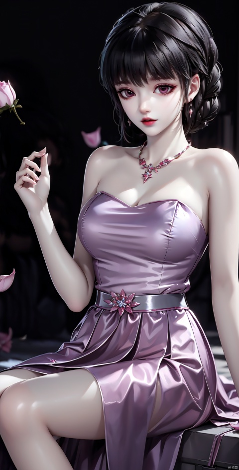 1 girl, solo, looking at audience, short hair, simple background, dark hair, dress, bare shoulders, jewelry, sitting, collarbone, earrings, necklace, lips, petals, strapless, red dress, black background, Strapless dress, red lips, rose petals