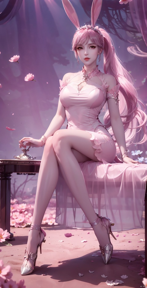 pink hair,1girl, solo, long hair,  dress, animal ears, sitting, full body, ponytail, flower, barefoot, rabbit ears, collar, petals, bare legs, table, pink dress, light, falling petals, metal collar