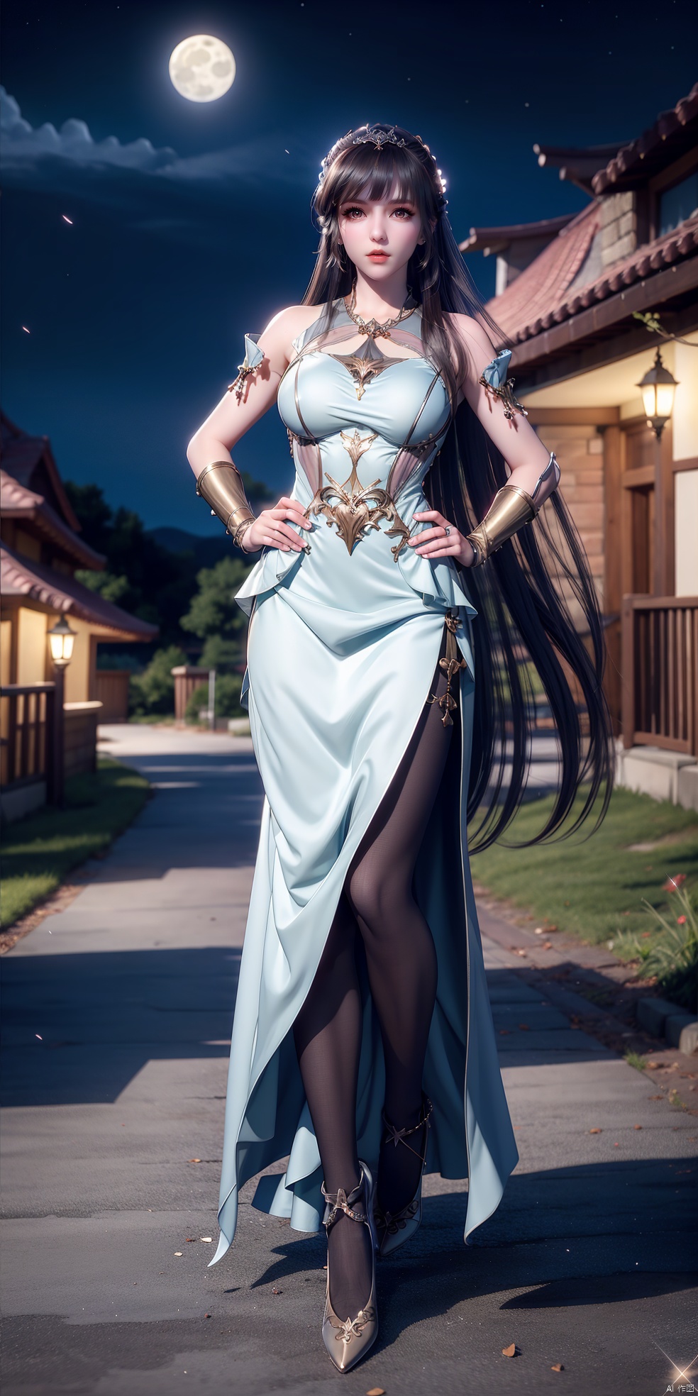 ,long skirt,(8k, RAW photo, best quality, masterpiece:1.2),(super realistic, photo-realistic:1.3),ultra-detailed,extremely detailed cg 8k wallpaper,hatching (texture),skin gloss,light persona,(crystalstexture skin:1.2),(extremely delicate and beautiful),moonlight,black pantyhose,1girl,solo,very long hair,bare shoulders,pink_dress,white_dress,long dress,red_eyes,(full body:1.6),xwhd,looking at viewer,,,ll-hd, xw