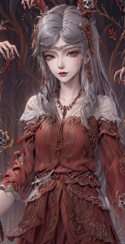 red butterfly,butterfly,silver hair,white hair,1girl, solo, long hair, looking at viewer, black hair, hair ornament, red eyes, long sleeves, dress, holding, jewelry, upper body, earrings, necklace, blurry, blurry background, facial mark, chinese clothes, red dress, veil, skull, forehead mark, red lips, holding skull,blood on face,horror (theme),skull on head,skull collar,skull belt,full body,blood drip, Terror