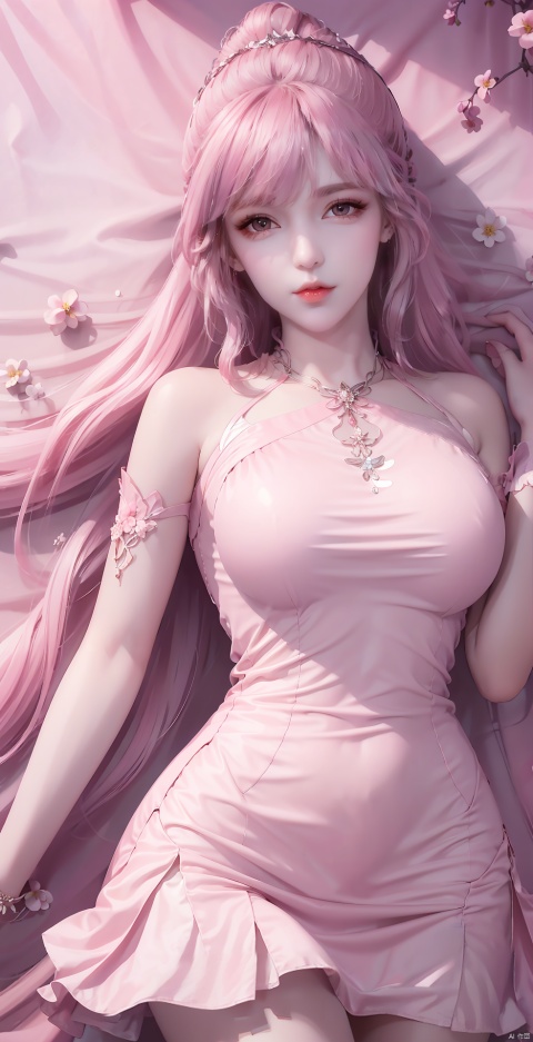  pink hair,With tears in her eyes,short dress
, 1 girl, solo, long hair, looking at viewer, dress, upper body, flower, lying, supine, pink dress, leaves, reality