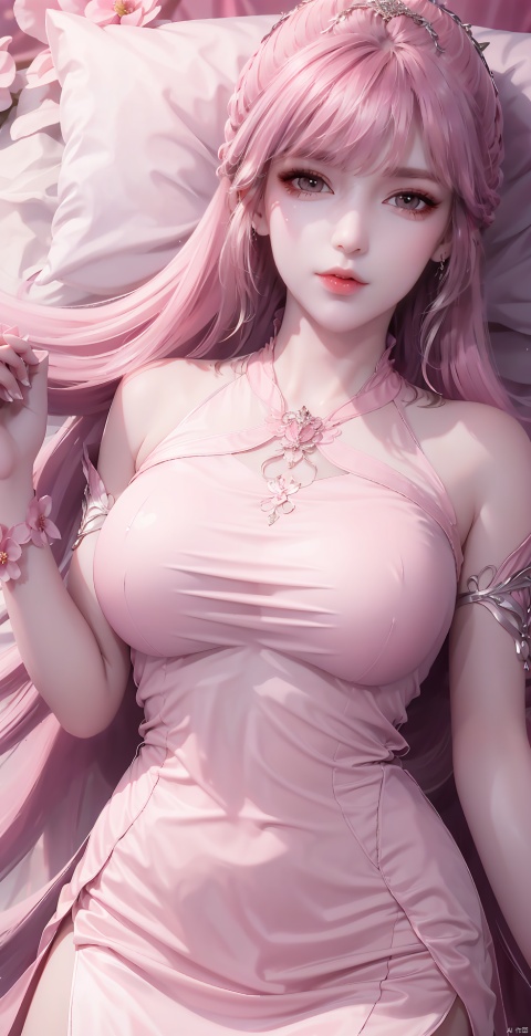 pink hair,A sad look,With tears in her eyes,short dress
, 1 girl, solo, long hair, looking at viewer, dress, upper body, flower, lying, supine, pink dress, leaves, reality