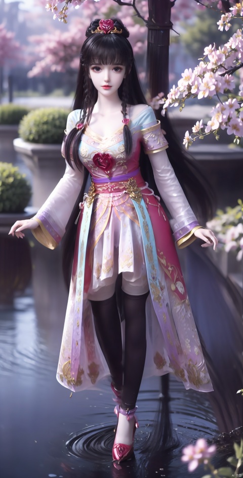 
,1girl, solo, long hair, breasts, looking at viewer, bangs, hair ornament, thighhighs, dress, bare shoulders, standing, purple eyes, full body, purple hair, flower, outdoors, detached sleeves, water, tree, cherry blossoms, branch, purple thighhighs, ripples, pond, raiden shogun