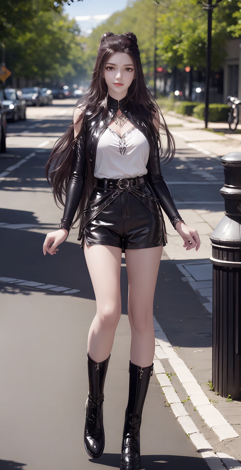 triplets,,long legs
, 1 girl, alone, long hair, looking at the viewer, charming smile, shirt, belly button, standing, full body, white shirt, boots, outdoor, shorts, sleeveless, day, belly, belt, black shoes, flat toe, none Sleeve shirt, black shorts, legs up, standing on one leg, slit, standing slit