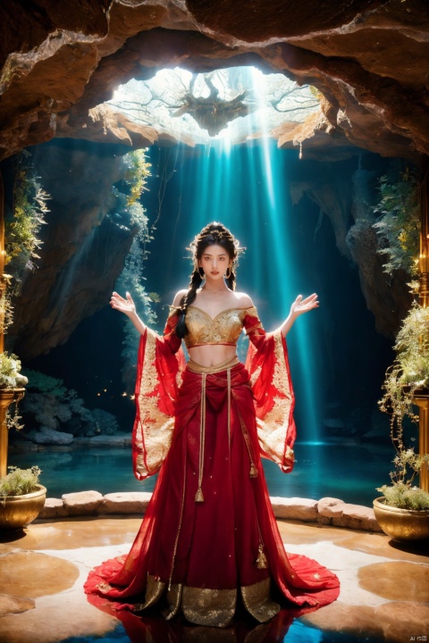 Picture a graceful woman in a vibrant red dress with golden embroidery, reminiscent of traditional Asian fashion. She stands in a magnificent cave, its interior lit by a constellation of bioluminescent speckles. The cave walls are a tapestry of dark, luscious blues and greens, shimmering with natural light. In her hand, she holds a large, ornate fan matching her dress, unfurled to reveal a detailed design that adds to her commanding presence. Her other hand is raised gently towards the sky, as if interacting with the mystical light around her. Her hair is styled up with braids and natural accessories, and her pose is one of empowerment and awe as she gazes upwards. The floor of the cave is mirrored by a still pool of water, reflecting the enchantment of the scene, best quality, ultra highres, original, extremely detailed, perfect lighting