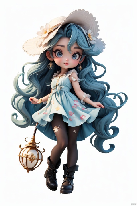 (best quality), ((masterpiece)), (highres), illustration, original, extremely detailed wallpaper. hubg\(haixiaoqiong)\,  1girl, dress, long hair, white background, bangs, pantyhose, full body, holding, looking at viewer, white footwear, long sleeves, standing, blue dress, simple background, solo, snowflake print, white cape, cape, black pantyhose, blush, grey hair, parted lips, blue hair, hat, staff, flower, boots, hair ornament, rabbit, clothed animal, very long hair, holding staff, fur trim
