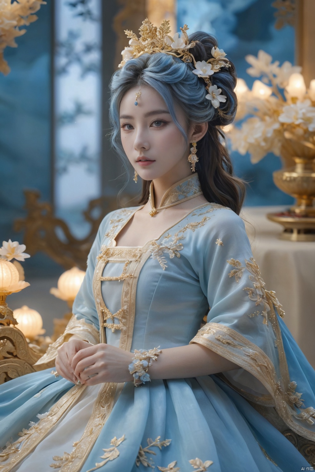  hubg_beauty_girl,HUBG_Rococo_Style(loanword), 1girl, hanfu, Portrait of noble and graceful goddess, dressed in blue and gold, elaborate coiffure hairstyle, dark hair, decoration, 16K, UHD, HDR, Brilliant scene with bright lights, mist, numerous decorations, joyful atmosphere, light smile,HDR, IMAX, 8K resolutions, ultra resolutions, magnificent, best quality, masterpiece,cinematic scenes, cinematic shots, cinematic lighting, volumetric lighting, ultra-detailed,HUBG_Chinese_Jade