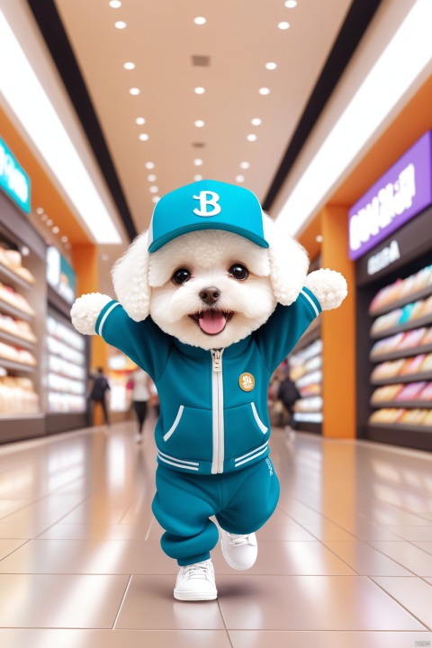  (chibi:1.5), a cute little Bichon Frise (anthropomorphic) wearing stylish clothes ( clothe and hat, athleisure pants,white shoes) runing in a shopping mall, facing the camera and smiling, Happy bouncing,outstretched arms, hyperdetailed intricately detailed, fantastical, intricate detail, complementary colours, fantasy, concept art, 8k resolution, maomika