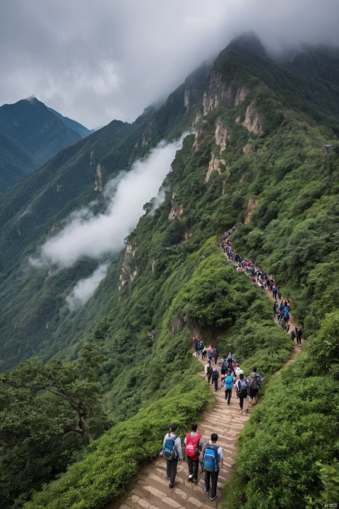 At Wugong Mountain, clouds envelop peaks as throngs of visitors traverse its paths. Amidst mist and bustling crowds, nature's majesty unfolds, a testament to the mountain's allure and the human spirit's quest for adventure.