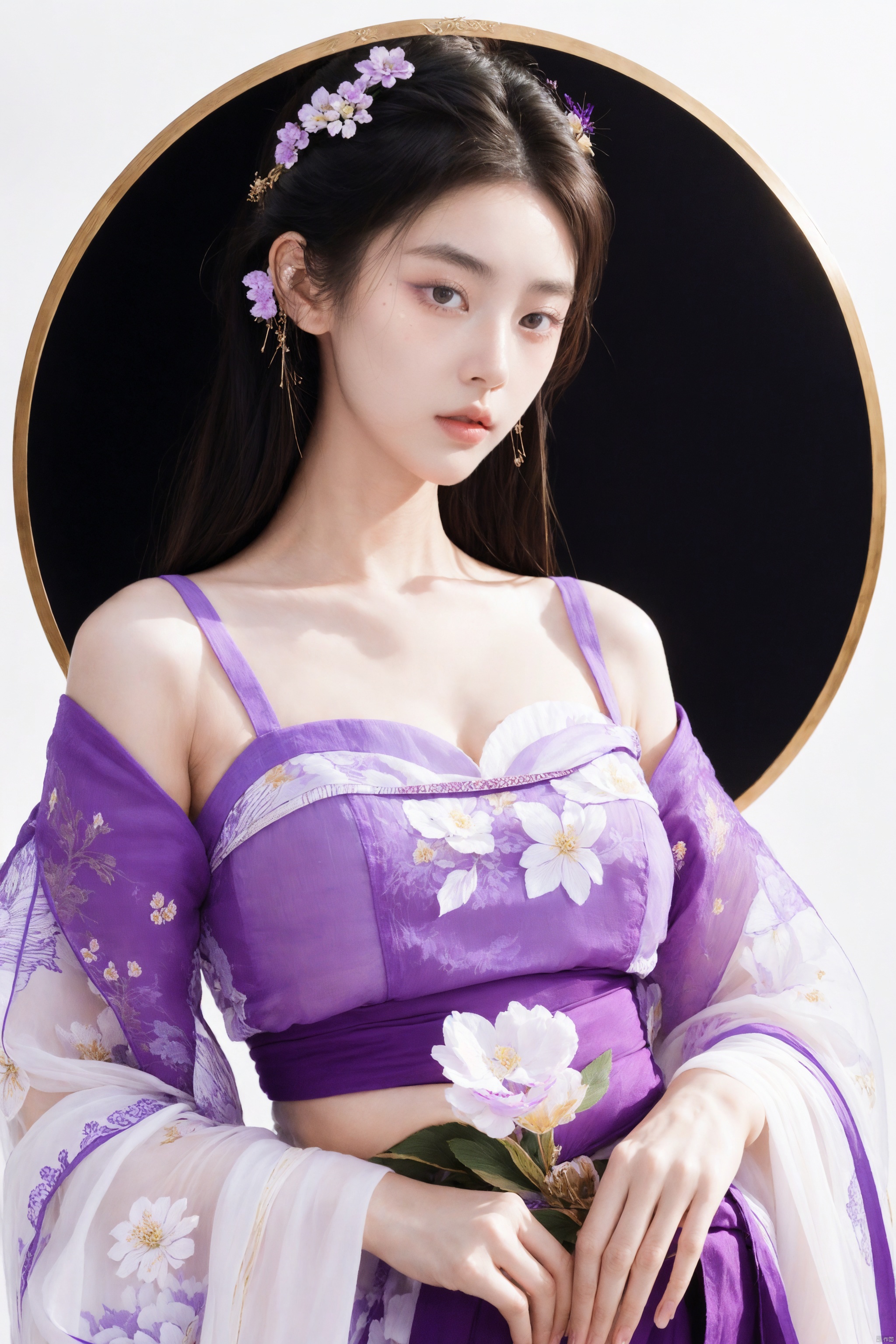  1girl,in the style of large scale painting, in the styleofJames Jean, Zihuang, Xu Beihong, FrankThorne,lovely and dreamy, serene faces,lively pictures, screen printing, floral still life.romanticillustrations,purple vellow. whitebackground,minimalistic.line.uhd.8K