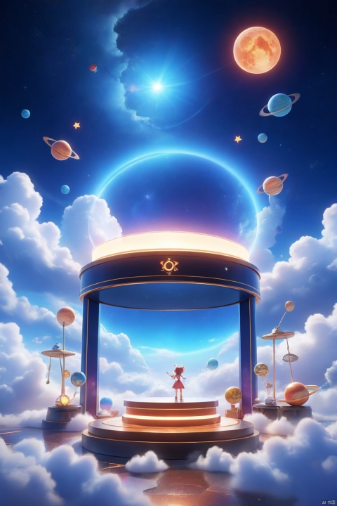 professional 3d model,anime artwork pixar,3d style,good shine,OC rendering,highly detailed,volumetric,dramatic lighting,3d\(hubgstyle)\,a round podium on the ground in the middle,clouds,starry sky,planets in the sky,glowing beam in the background,beautiful colorful background,very beautiful,masterpiece,best quality,super detail,anime style,key visual,vibrant,studio anime