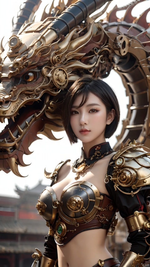  Complex mechanical structure of the Chinese dragon,Steampunk,Machinery Chinese Loong,1girl,breasts,cleavage,fantasy,details,strapless ,Slightly sideways, upper body, above buttocks, looking at the camera,armor,Precision structure,jewelry,lips,looking at viewer,medium breasts,short hair,upper body, HUBG_Beauty_Girl