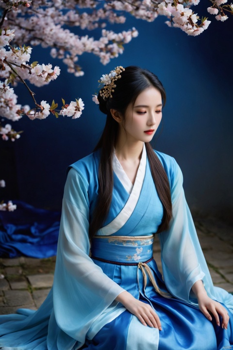 (ultra realistic,best quality),photorealistic,Extremely Realistic, in depth, cinematic light,hubggirl,a woman in a blue period dress sitting on the ground,traditional attire,hanfu,cherry blossoms,serene expression,seated pose,ethereal lighting,black background,flowing fabric,reflective surface,high contrast,gentle gaze,soft makeup,pastel colors,blurred petals falling,cultural,fantasy ambiance,elegance,grace,historical costume,fabric draping,photoshoot,artistic composition,side lighting,blue gradient dress,tranquil atmosphere,delicate accessories,hair ornaments.,dynamic poses, particle effects,perfect hands, perfect lighting, vibrant colors, surreal dramatic lighting shadow (lofi, analog), intricate details, high detailed skin,intricate background, realism, realistic, raw, analog, taken by Canon EOS,SIGMA Art Lens 35mm F1.4,ISO 200 Shutter Speed 2000,Vivid picture,