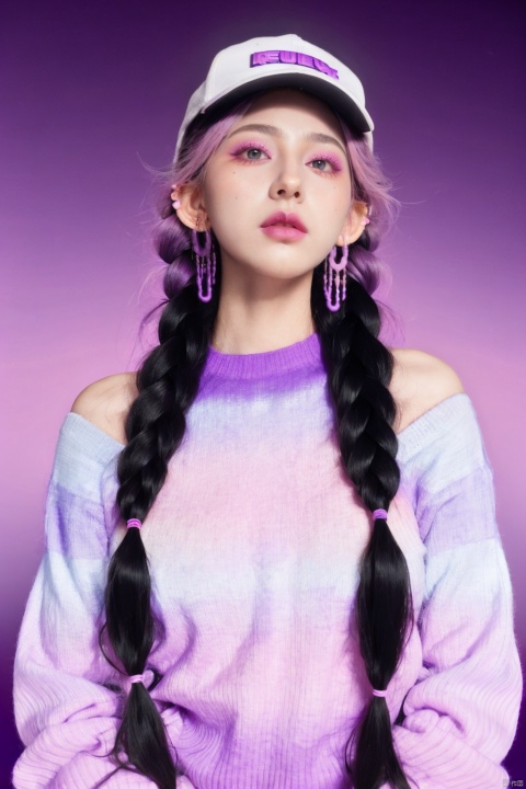1 girl, long white hair, hat, jewelry, shut up, purple eyes, upper body, purple hair, braids, multi-colored hair, earrings, double braids, sweater, lips, gradient, gradient background, eyelashes, makeup, pink background, portrait, shoulder hair, real, red lips