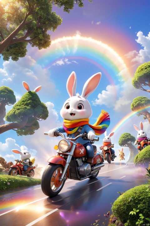  professional 3d model,anime artwork pixar,3d style,good shine,OC rendering,highly detailed,volumetric,dramatic lighting,furry,cute,(a bunny riding a motorcycle:1.1),rabbit,solo,(motor vehicle:1.2),riding,scarf,running on the rainbow,tree,extreme perspective,looking up at the camera,rainbow,fire spray,speed,humorous,beautiful colorful background,very beautiful,masterpiece,best quality,super detail,anime style,key visual,vibrant,studio anime