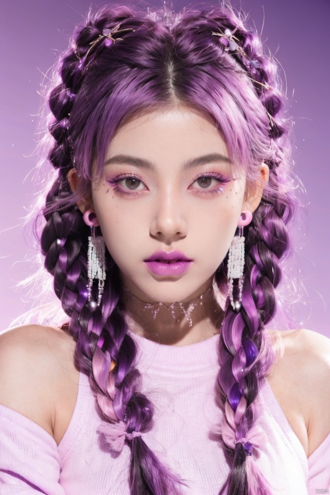 1 girl, long white hair, hat, jewelry, shut up, purple eyes, upper body, purple hair, braids, multi-colored hair, earrings, double braids, sweater, lips, gradient, gradient background, eyelashes, makeup, pink background, portrait, shoulder hair, real, red lips, 