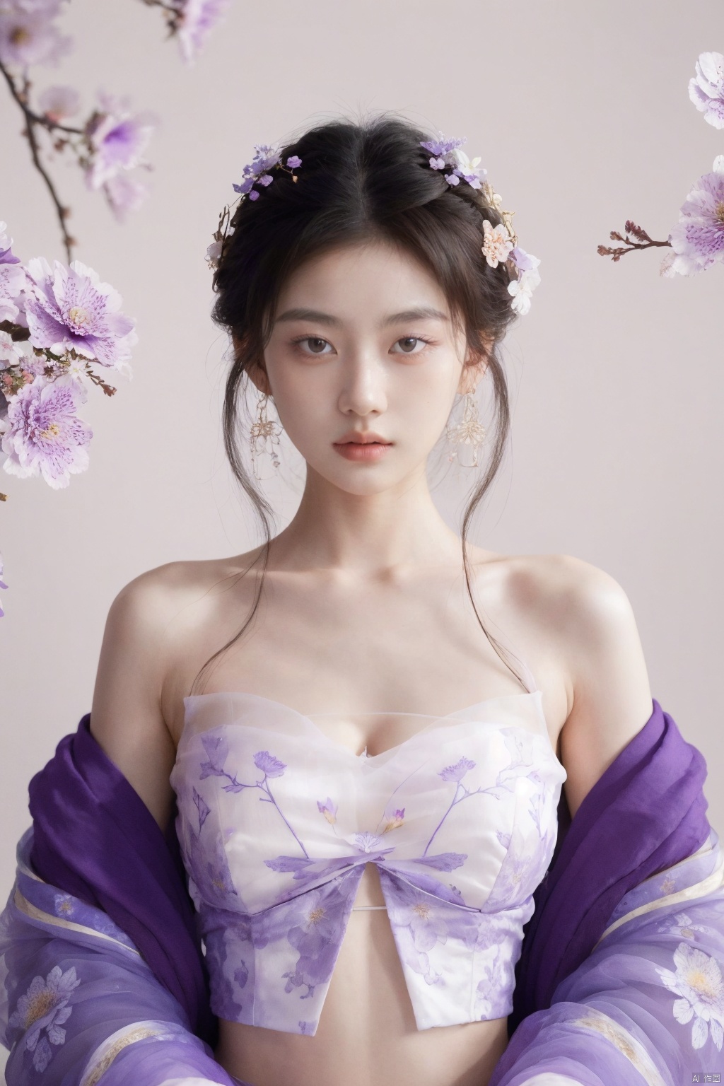 1girl,in the style of large scale painting, in the styleofJames Jean, Zihuang, Xu Beihong, FrankThorne,lovely and dreamy, serene faces,lively pictures, screen printing, floral still life.romanticillustrations,purple vellow. whitebackground,minimalistic.line.uhd.8K
