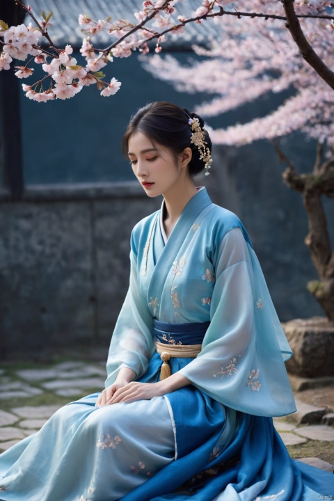 (ultra realistic,best quality),photorealistic,Extremely Realistic, in depth, cinematic light,hubggirl,a woman in a blue period dress sitting on the ground,traditional attire,hanfu,cherry blossoms,serene expression,seated pose,ethereal lighting,black background,flowing fabric,reflective surface,high contrast,gentle gaze,soft makeup,pastel colors,blurred petals falling,cultural,fantasy ambiance,elegance,grace,historical costume,fabric draping,photoshoot,artistic composition,side lighting,blue gradient dress,tranquil atmosphere,delicate accessories,hair ornaments.,dynamic poses, particle effects,perfect hands, perfect lighting, vibrant colors, surreal dramatic lighting shadow (lofi, analog), intricate details, high detailed skin,intricate background, realism, realistic, raw, analog, taken by Canon EOS,SIGMA Art Lens 35mm F1.4,ISO 200 Shutter Speed 2000,Vivid picture,