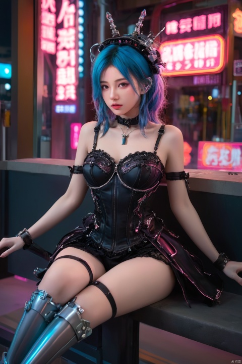  (masterpiece, top quality, best quality, official art, beautiful and aesthetic:1.2), (1girl:1.4), full body, ([pink|blue] hair), extreme detailed,(fractal art:1.3),colorful,highest detailed,((Mechanical modification)),(modification), Maiden, Half-sitting, A complex mechanical conduit is inserted into the back,catheter, neon background, neon city,night, gothic_lolita, high heels, hubg_beauty_girl