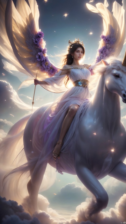  A girl with angelic features is riding a giant unicorn, strolling on clouds filled with colorful flowers. She wears a white dress and her golden hair shines in the sunlight. Her wings gently flutter behind her. The unicorn's mane is as colorful as a rainbow, and its eyes sparkle with wisdom. The surrounding clouds are as soft as cotton candy, and the flowers are of various colors, ranging from red, orange, yellow, green, blue, indigo to purple. High definition image of fantasy art featuring a beautiful angelic girl riding a giant unicorn among colorful flowers and clouds. Magical, dreamy, surreal, whimsical, enchanting, mystical, vibrant, full of life, photorealistic painting by Greg Rutkowski and Alphonse Mucha., HUBG_Beauty_Girl