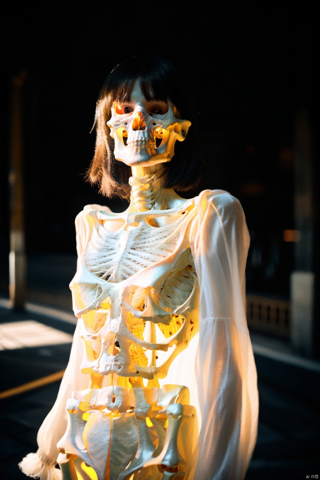 Masterpiece,high quality,(solo:1.2),((1girl)),(((human skeleton | girl))),(white hair:0.3),cinematic light,orange clothes,detailed environment,1girl,solo,reflection,upper body,sunlight,(White hair:1.2),very long hair,wide sleeves,Deep photo,depth of field,shadows,messy hair,seductive silhouette play,dark,nighttime,dark photo,grainy,dimly lit,bangs,Cinematic Lighting,Tyndall effect,abstract background,vibrant colors,modern style,artistic,dynamic composition,unique patterns,bold textures,colorful,lively,youthful,energetic,creative,expressive,stylish,trendy,white_marble_glowing_skin, 