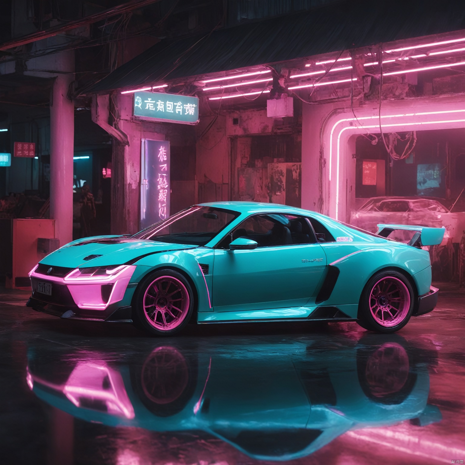  ultra highres, masterpiece, best quality, , car, from side, , cyberpunk, neon lights, pink theme, indoors, transparent, HUBG_Chinese_Jade