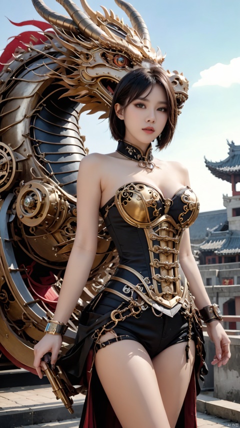  Complex mechanical structure of the Chinese dragon,Steampunk,Machinery Chinese Loong,1girl,breasts,cleavage,fantasy,details,strapless ,Slightly sideways, upper body, above buttocks, looking at the camera,armor,Precision structure,jewelry,lips,looking at viewer,medium breasts,short hair,upper body, HUBG_Beauty_Girl