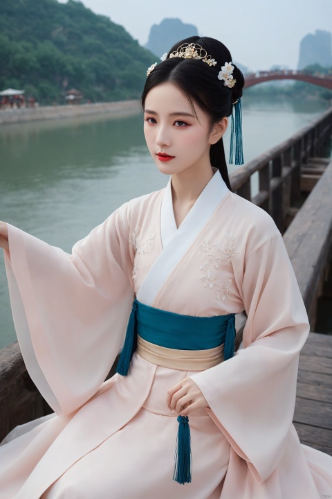 In Ganzhou, a Hanfu beauty graces the scene, her elegant attire contrasting against the backdrop of the floating bridge and the tranquil Gan River. Captured in surreal photography, the scene exudes an ethereal charm, blending reality with dreams. As history whispers secrets of bygone eras, the beauty of the moment is immortalized in a captivating fusion of tradition and modernity.