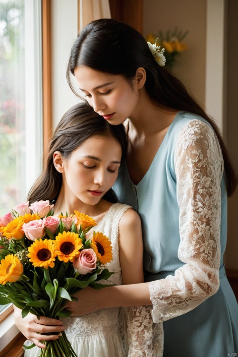 (ultra realistic,best quality),photorealistic,Extremely Realistic, in depth, cinematic light,hubggirl, 

In celebration of Mother's Day, a heartwarming ultra realistic photography depicts a mother and daughter sharing a tender embrace in their cozy home. Their bond radiates love and care, symbolized by the warm colors and gentle atmosphere. A bouquet of flowers rests nearby, symbolizing gratitude and appreciation. Meticulous attention to detail and typography enhances the scene, creating a captivating image that embodies the spirit of family and maternal love.

beautiful colorful background, intricate details, high detailed skin,intricate background, 
raw, analog, taken by Canon EOS,SIGMA Art Lens 35mm F1.4,ISO 200 Shutter Speed 2000,Vivid picture,
