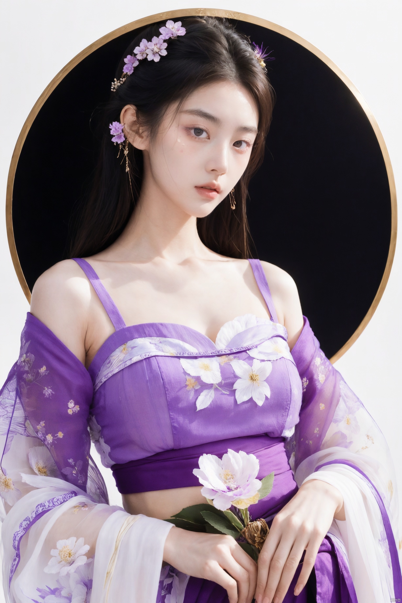  1girl,in the style of large scale painting, in the styleofJames Jean, Zihuang, Xu Beihong, FrankThorne,lovely and dreamy, serene faces,lively pictures, screen printing, floral still life.romanticillustrations,purple vellow. whitebackground,minimalistic.line.uhd.8K
