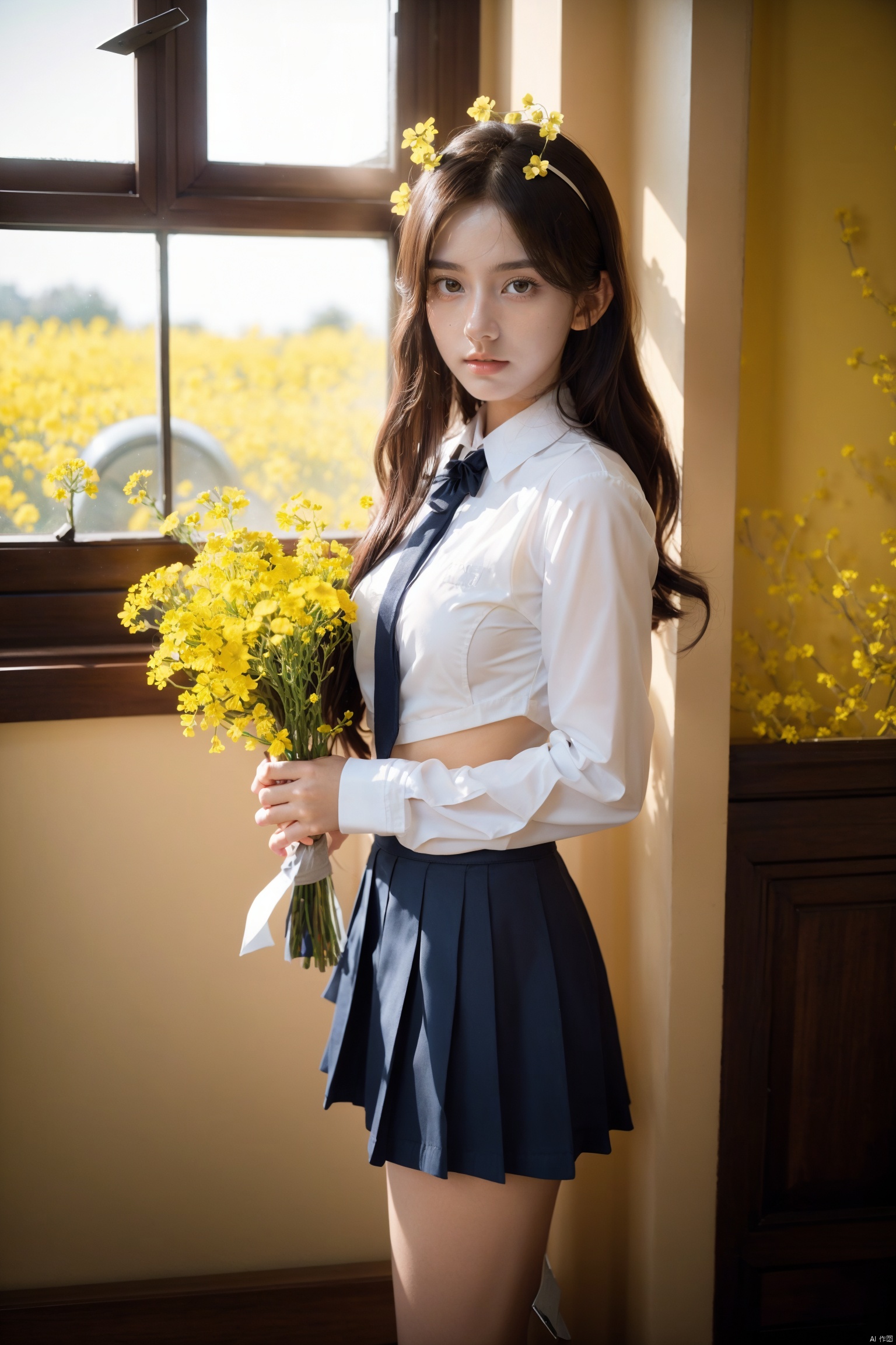 A pretty young girl was in a room, dressed in a JK uniform and short skirt, showing off her long legs, sexy, bare breasts, medium breasts, with a wreath on her head and a bunch of bright yellow canola flowers in her hand. The background is solid black with cinema-quality lighting. Sharp focus, high resolution photos of the world's most beautiful artwork, a young girl in a JK uniform holding rape flowers in an indoor setting with cinematographic lighting, shot by Greg Rutkowski, popular on ArtStation, intricate, high detail, sharp focus, dramatic, realistic painting art.