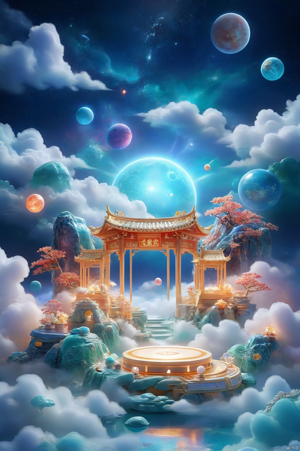 professional 3d model,anime artwork pixar,3d style,good shine,OC rendering,highly detailed,volumetric,dramatic lighting,3d\(hubgstyle)\,
HUBG_Chinese_Jade,
a round podium on the ground in the middle,clouds,starry sky,planets in the sky,glowing beam in the background,beautiful colorful background,very beautiful,masterpiece,best quality,super detail,anime style,key visual,vibrant,studio anime, 