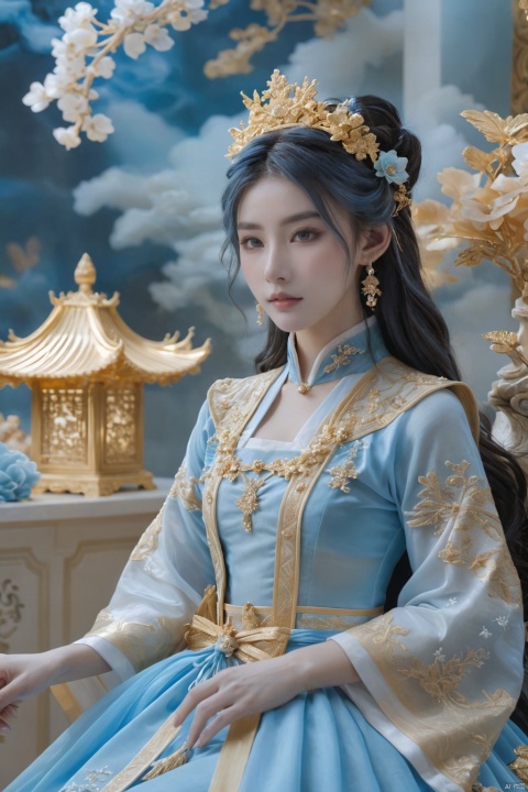 hubg_beauty_girl,HUBG_Rococo_Style(loanword), 1girl, hanfu, Portrait of noble and graceful goddess, dressed in blue and gold, elaborate coiffure hairstyle, dark hair, decoration, 16K, UHD, HDR, Brilliant scene with bright lights, mist, numerous decorations, joyful atmosphere, light smile,HDR, IMAX, 8K resolutions, ultra resolutions, magnificent, best quality, masterpiece,cinematic scenes, cinematic shots, cinematic lighting, volumetric lighting, ultra-detailed,HUBG_Chinese_Jade