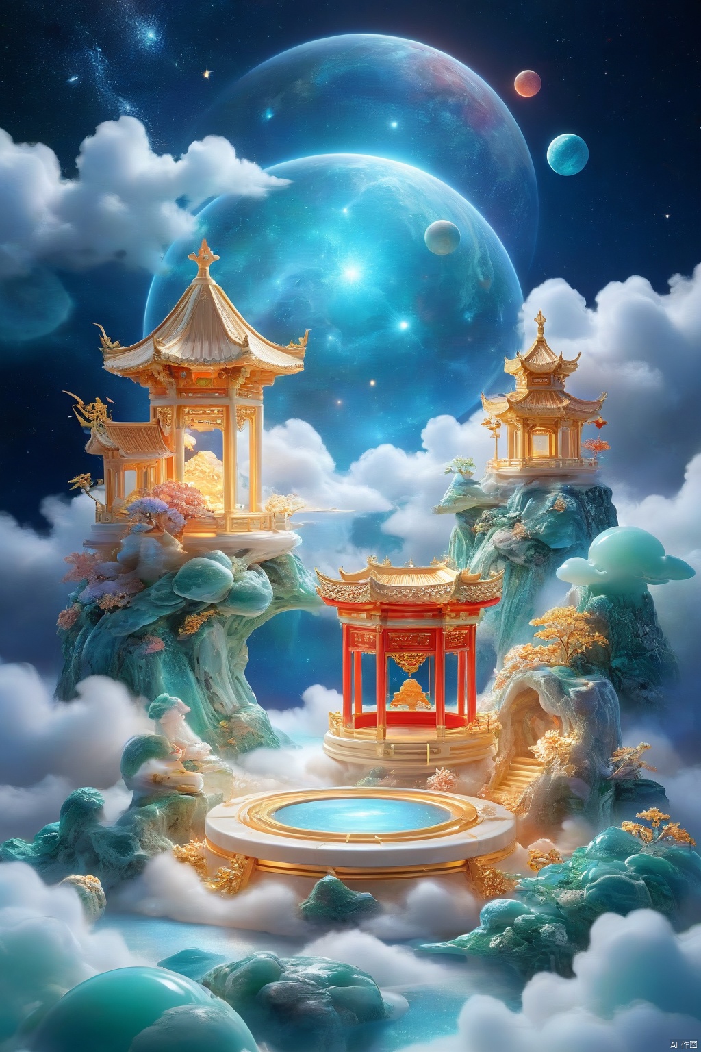 professional 3d model,anime artwork pixar,3d style,good shine,OC rendering,highly detailed,volumetric,dramatic lighting,3d\(hubgstyle)\,
HUBG_Chinese_Jade,
a round podium on the ground in the middle,clouds,starry sky,planets in the sky,glowing beam in the background,beautiful colorful background,very beautiful,masterpiece,best quality,super detail,anime style,key visual,vibrant,studio anime, 