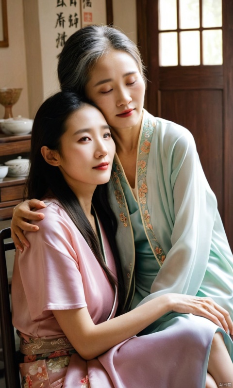  (ultra realistic,best quality),photorealistic,Extremely Realistic, in depth, cinematic light,hubggirl, 

Mother's Day Theme,
52 year old Chinese grandmother hugging a 21 year old Chinese beauty, 