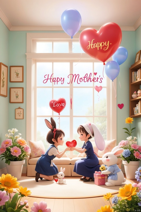  professional 3d model,anime artwork pixar,3d style,good shine,OC rendering,highly detailed,volumetric,dramatic lighting,

For Mother's Day, an elegant mother bunny lovingly embraces her adorable daughter bunny in a cozy home. They're surrounded by warmth and love, symbolized by delicate flowers and heartwarming gestures. The little bunny holds a heart-shaped balloon with "Happy Mother's Day" written in elegant fonts, adding sweetness to the scene. Meticulous attention to detail and typography make it a captivating illustration of family love and maternal care.

beautiful colorful background,very beautiful,masterpiece,best quality,super detail,anime style,key visual,vibrant,studio anime
