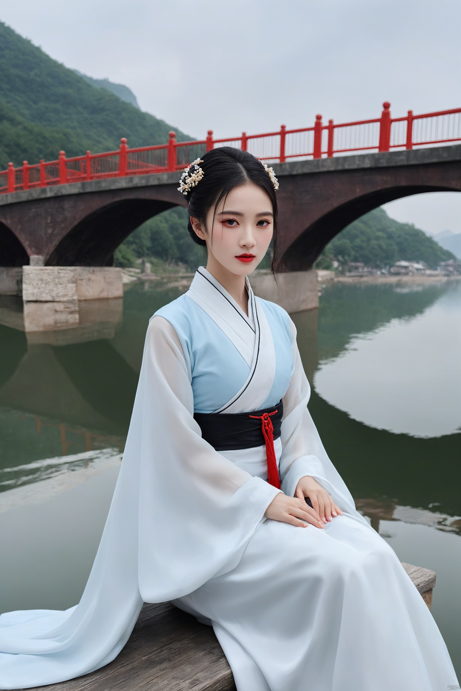 In Ganzhou, a Hanfu beauty graces the scene, her elegant attire contrasting against the backdrop of the floating bridge and the tranquil Gan River. Captured in surreal photography, the scene exudes an ethereal charm, blending reality with dreams. As history whispers secrets of bygone eras, the beauty of the moment is immortalized in a captivating fusion of tradition and modernity.