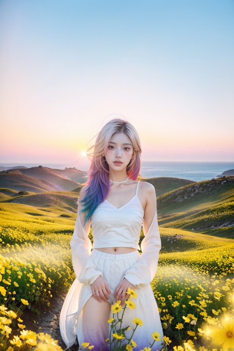 1 girl,(gradient hair:1.4) , gradient clothes,(rape flower) , sea of flowers, white transparent skin, seen from above,using lots of yellow flowers, soft light, masterpiece, best quality, 8K, HDR, flowers, gradient