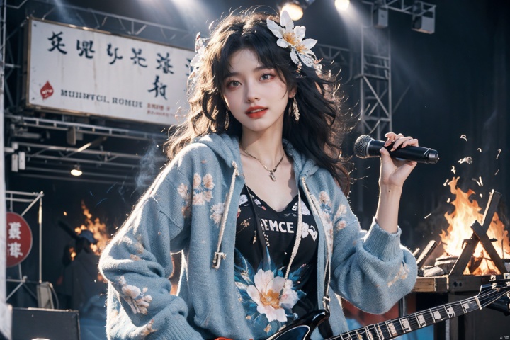  Masterpiece,highest quality,realistic,very fine and fine details,high resolution,8K,
hubg\(haixiaoqiong)\, 1girl, smile,blue hair,hair flower, 
(rock music, microphone, Hoodies, bonfires, stage, lights:1.3), HUBG_Film_Texture, HUBG_Rococo_Style(loanword)